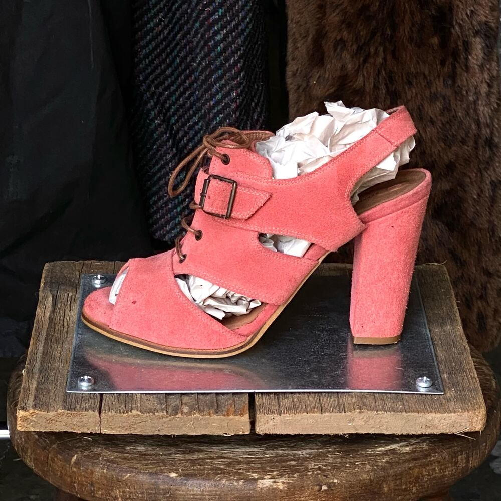 100% Suede Leather Coral Orange Pink Chunky Block High Heel